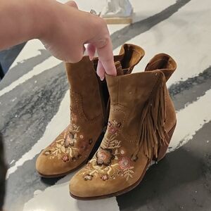 Sam Edelman Tan Suede Embroidered Fringe Ankle Boots